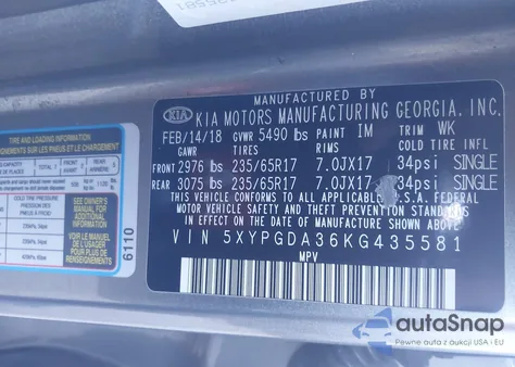 2019 Kia Sorento 2.4L Lx из США, поврежденный, VIN 5XYPGDA36KG435581